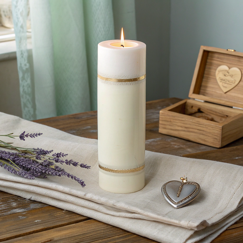 Soft glow of candlelight reflecting on a polished surface