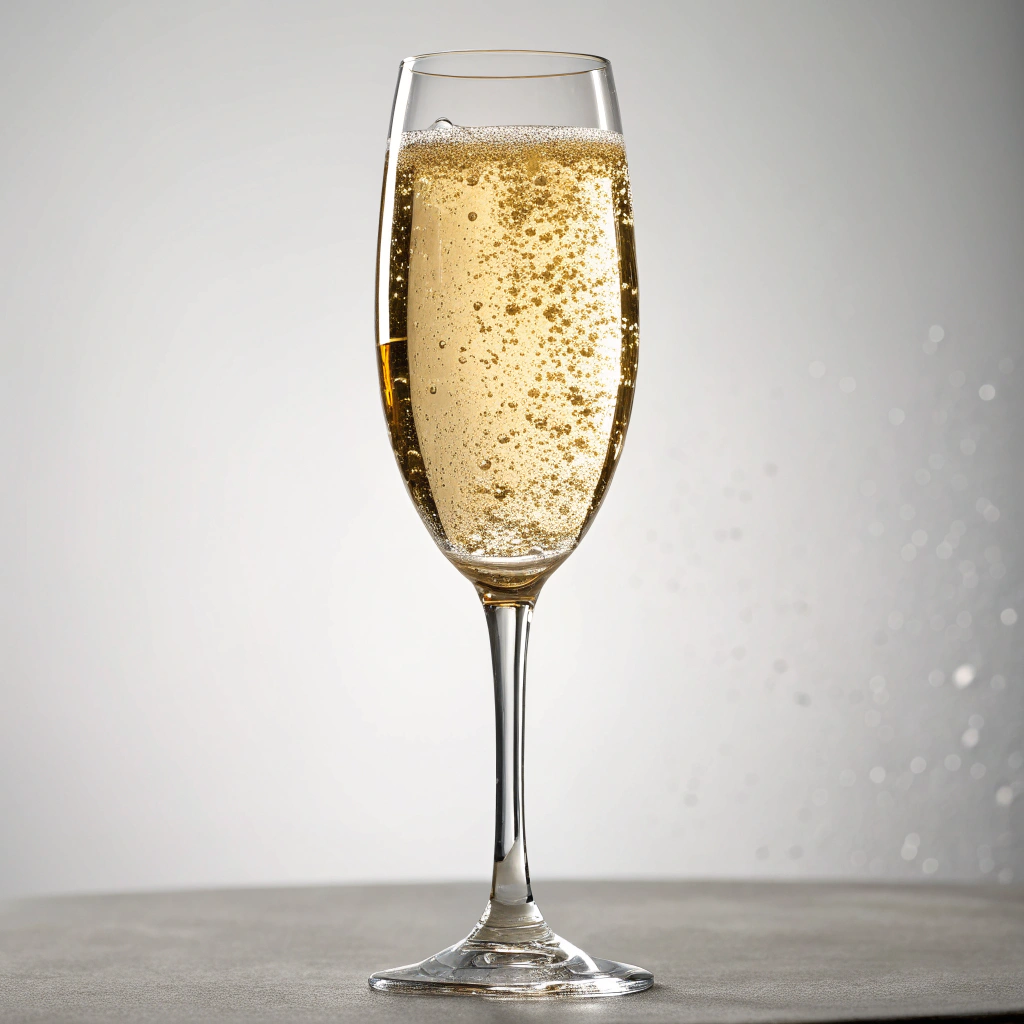 Effervescent bubbles rising in a crystal champagne flute