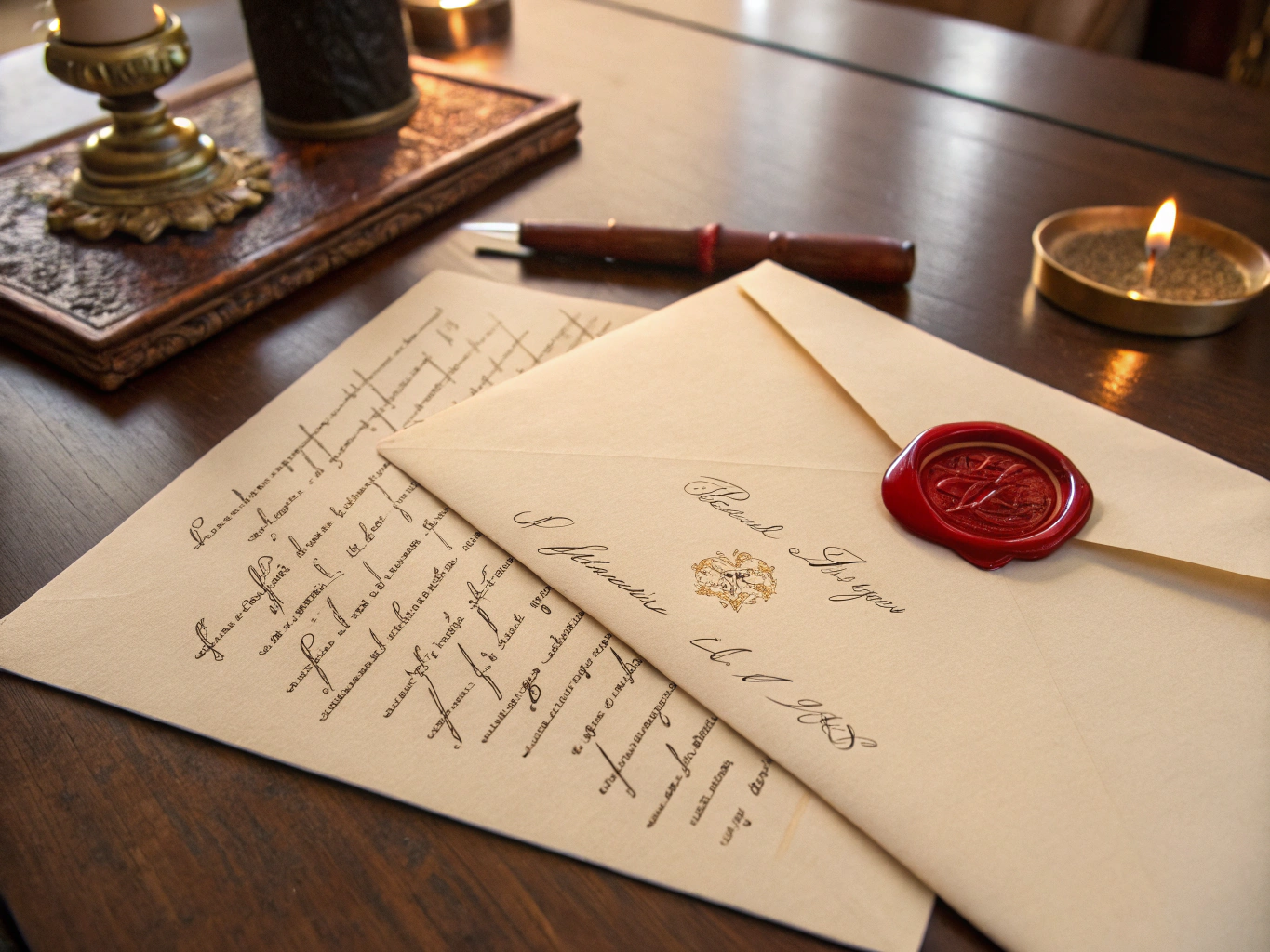 Custom wax seal on a textured invitation envelope